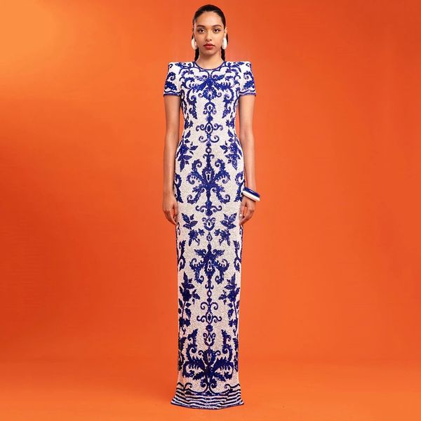 

Fashion jacquard women lady vintage bandage dresses sexy short sleeve round neck long Chinese-style dress HL1221, Blue