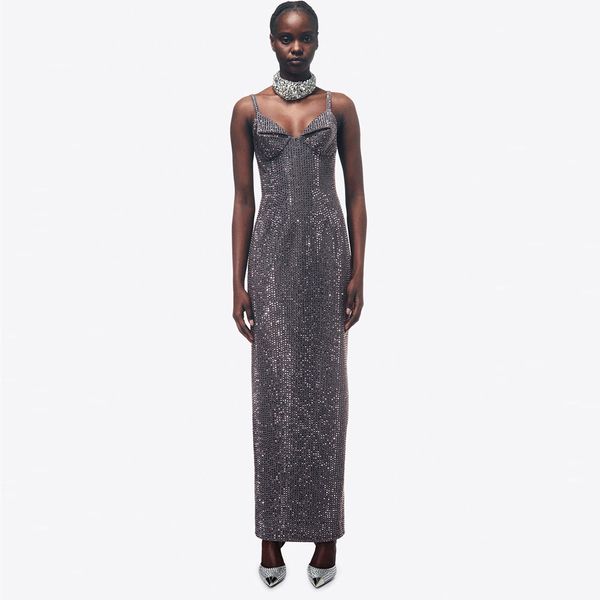 

women lady summer maxi long blingbling sexy sleeveless V-neck backless sparkly diamond socialite party bandage dress wear HL4523, Gray