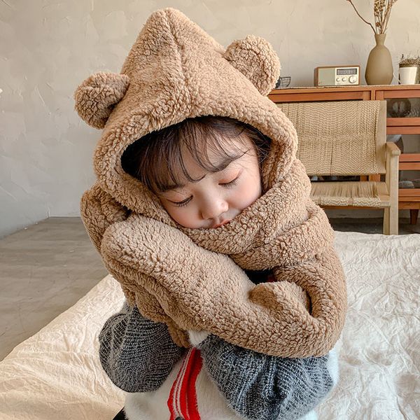 

Winter Thicken Warm Children Scarf Gloves Set Cute Bear Soft Coral Fleece Plush 1-7 Years Girls Hats Boy Hat Bonnet