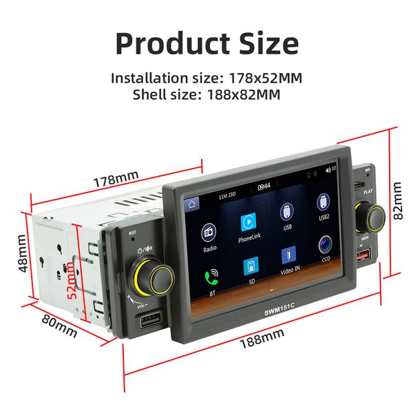 

Inch 5 Car Stereo MP5 Player Single Din BT FM Radio Receiver Hands-Free Calling USB Charge/Playback Reversing Assist Steering MP