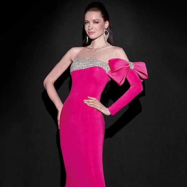 

hot pink bow sequins bandage dress one sleeve europe sexy star dresses temperament socialite tight hip wear shapewear HL5121