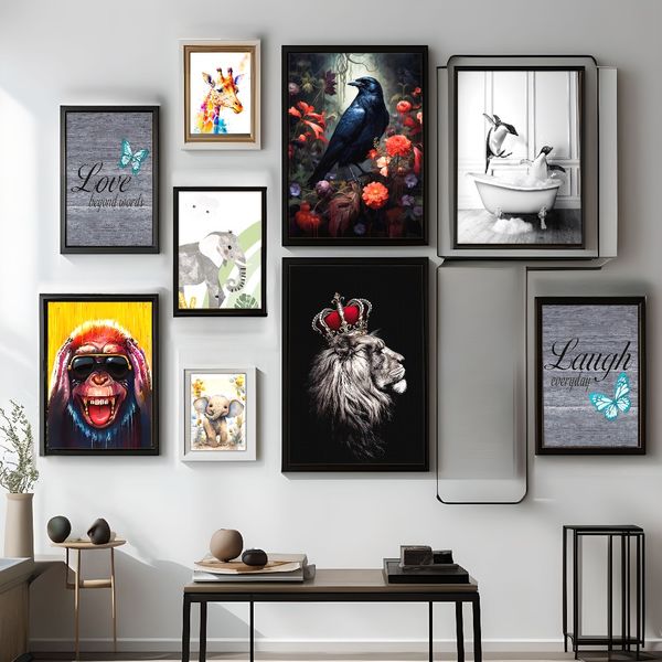 

3 pieces Wooden Framed Canvas Poster modern art, black and white animals in the bathtub, funny animal art, cute elephant penguin giraffe