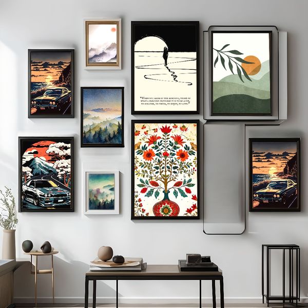 

3 pieces Wooden Framed Canvas Poster Modern, abstract green landscape, leaves, geometry, sun, green rainbow strips art