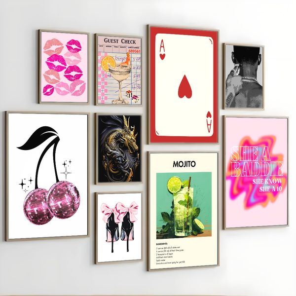 

3 pieces Wooden Framed Canvas Poster Mojito, coconut milk pineapple and old fashion, drinks, simple modern, fashion art