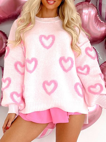 

Women s Heart Print Fuzzy Long Sleeve Round Neck Pullover Tops Spring Trendy Sweater, Red