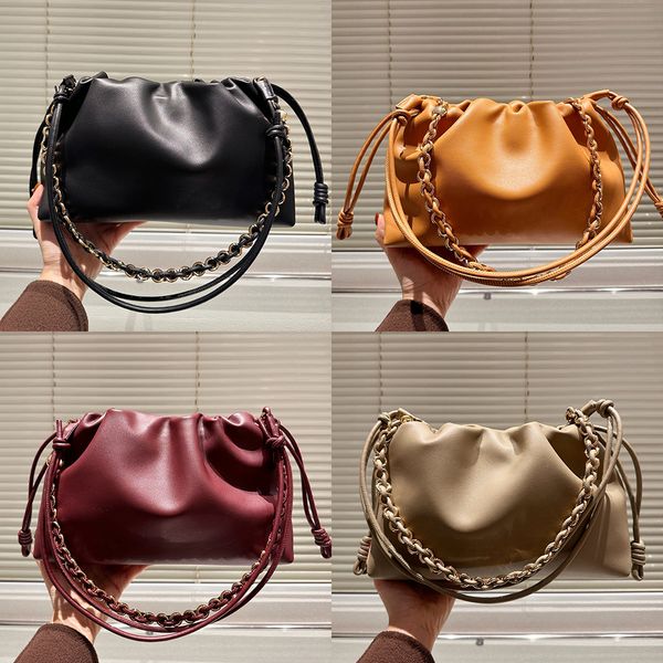 

Top Sheepskin Supple Nappa Leather Flamenco Clutch Spain Brand Coiled Knots Drawstring Soft Fortune Bag Lady Detachable Pebble Charm Strap Shoulder Bags, Black