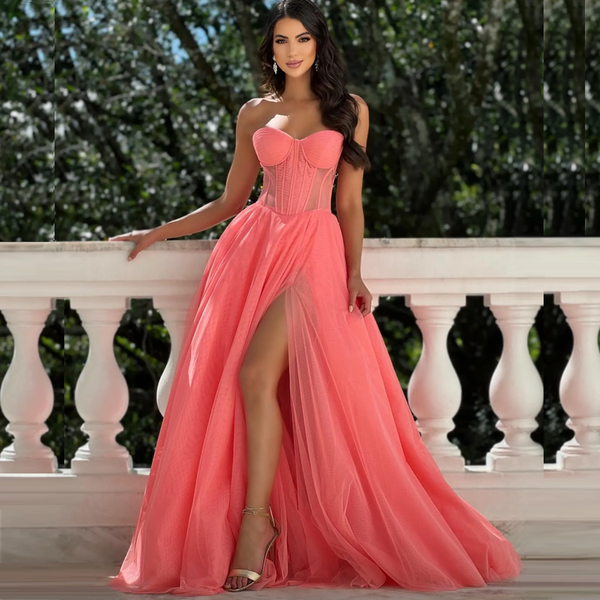 

Orange Plus Size Evening Dresses High Slit Puffy Shoulder Short Sleeves Mermaid Prom DresesAfrican Women Reception Gown 01, Water melon