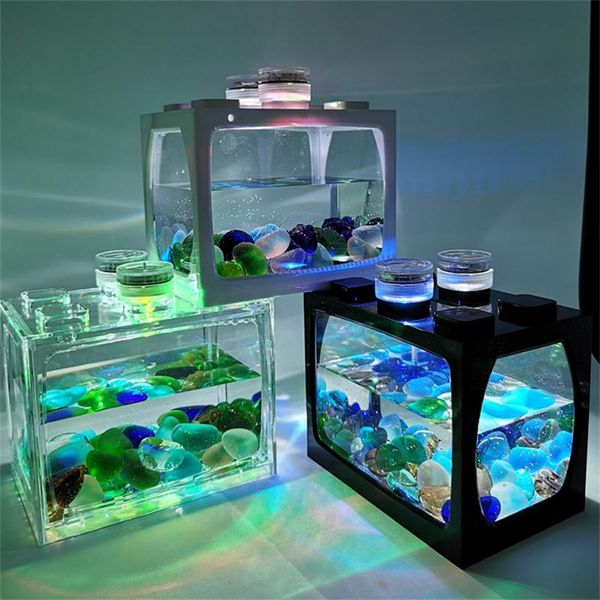 Aquarium Mini Fish Tank Reptile Pet LED Light Box Stackable Aquarium Cylinder Landscape Seawed for Home Office Decoration