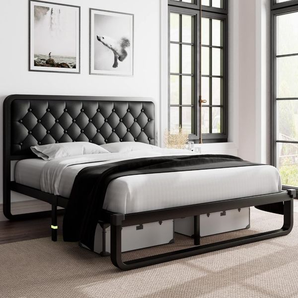 full size bed frame, Upholstered Platform Bed Frame, with heavy duty steel slats, dia tufted headboard