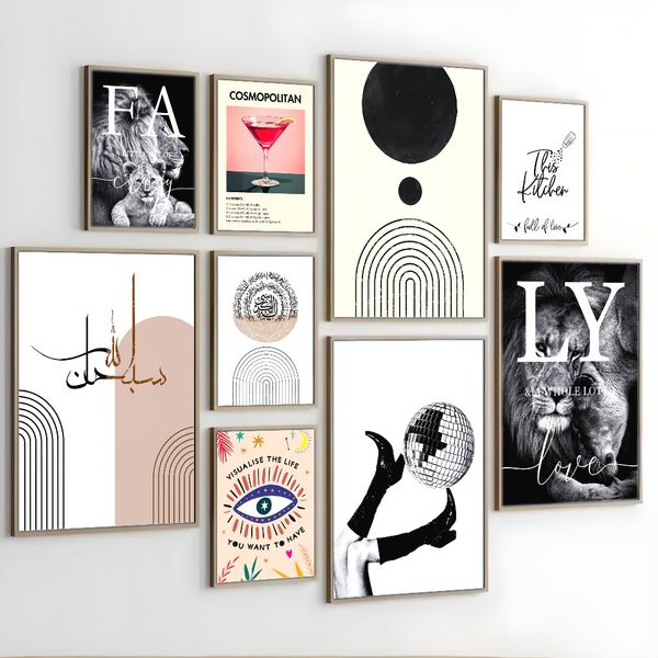 

3 pieces Wooden Framed Canvas Poster Modern, stylish, wine glass, disco ball, black and white art, Creative Waterproof Canvas Posters