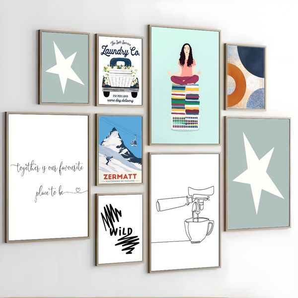 

3 pieces Wooden Framed Canvas Poster cutlery, wine and cheese, coffee, line art, Creative Waterproof Canvas Posters, Bedroom, Office