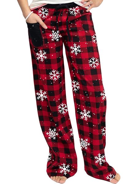 

Cozy Womens Plaid Snowflake Christmas Pama Pants with Pockets Drawstring Lounge Sleepwear Bottoms, White