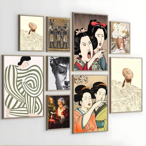 

2 pieces Wooden Framed Canvas Poster cat emojis, japanese art, cherry blossoms, Creative Waterproof Canvas Posters, Bedroom, Office