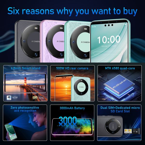 

Mate 60 FUFFI Pro Smartphone Android 6.0 inch 1+16GB ROM 3000mAh Battery Google Play Store Mobile phones Dual SIM Cellphones Cell, Black