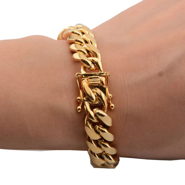 

8mm/10mm/12mm/14mm/16mm/18mm Mens 18K Gold Plated Stainless Steel Bracelets High Polished Miami Cuban Link Punk Curb Gold Bracelets