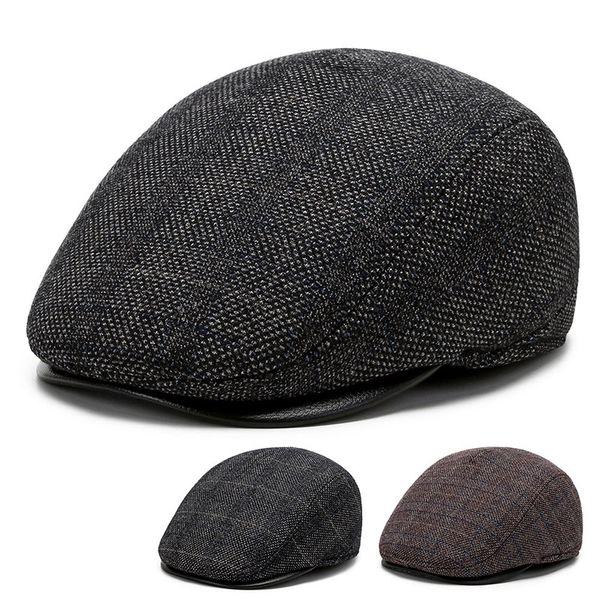 

Autumn and Winter Men's Beret Warm Protective Ear Tweed Cap Sunshade Cotton Cap Octagonal Cap Old Man Forward Cap Painter's Cap, Brown