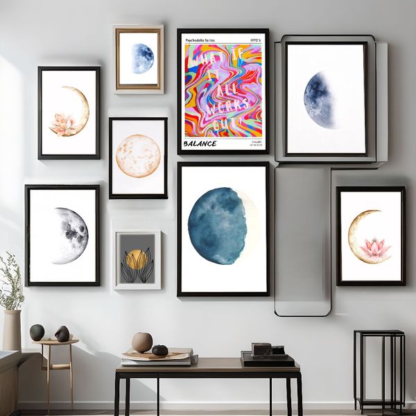 

3 pieces Wooden Framed Canvas Poster moon phases, celestial art, modern minimalist art,Creative Waterproof Canvas Posters, Bedroom, Office