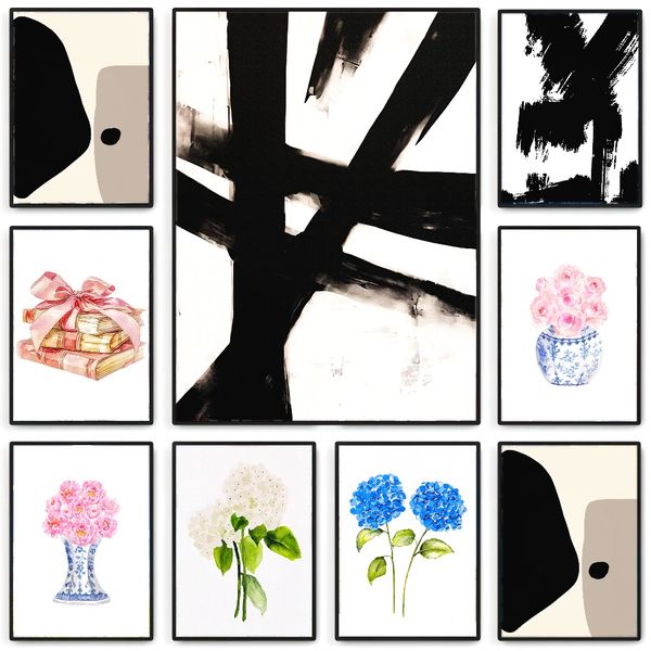 

3 pieces Wooden Framed Canvas Poster blue hydrangea, minimalist art, abstract flowers, hamptons flower art