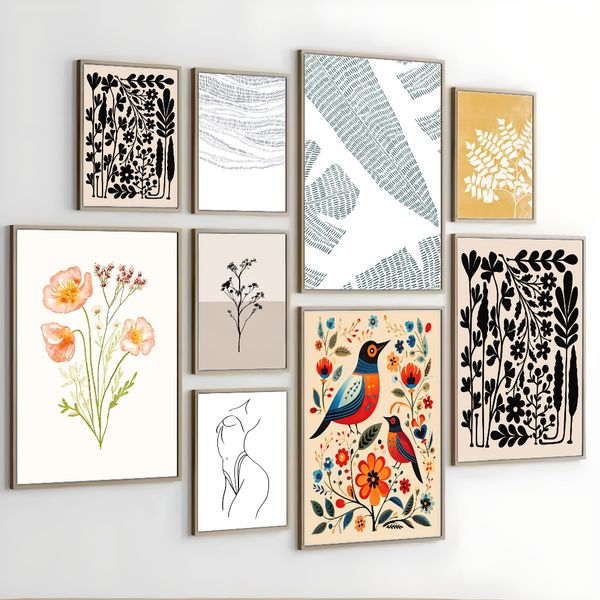 

3 pieces Wooden Framed Canvas Poster norwegian folk art, flowers and birds, scandinavian art, Creative Waterproof Canvas Posters, Bedroom