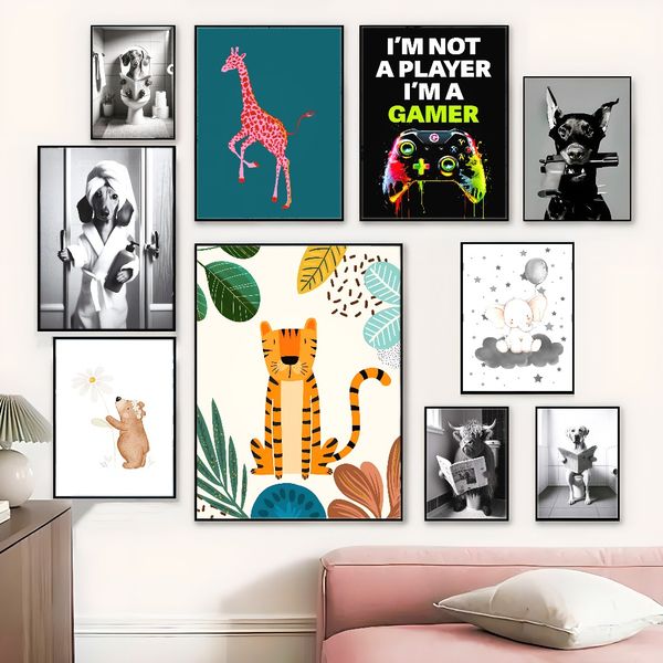 

3 pieces Wooden Framed Canvas Poster highland cow sitting on toilet and reading newspaper, funny animal art