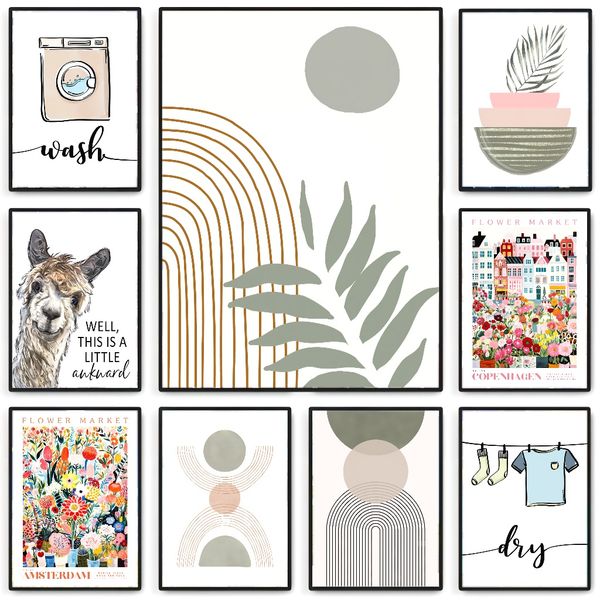 

3 pieces Wooden Framed Canvas Poster mid century modern art, abstract botanical art, bohemian art, green tones art