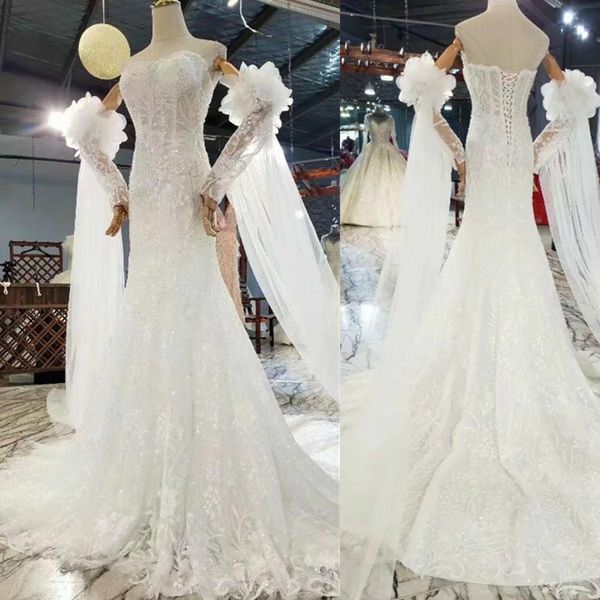 

Elegant Mermaid Wedding Dresses for Bride Off Shoulder Corset Back Sweep Train Pleats Beads Pearls Garden Country Bridal Gowns 01, White