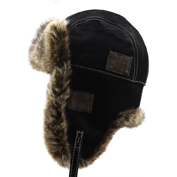 

Bomber Hats Winter Men Warm Russian Ushanka Hat with Ear Flap Pu Leather Fur Trapper Cap Earflap for Women Lei Feng Hat, L:black