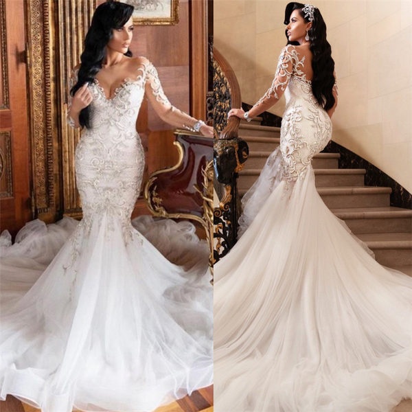 

Beach Sexy Wedding Dresses Mermaid Sweetheart Lace Applique Satin Bridal Gowns With Detachable Train Custom Made Vestidos De Soiree 02, White