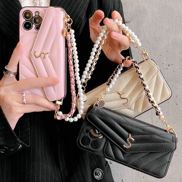 

For Pro Max Classic Fashion Designer Phone Apple iPhone 14 ProMax 13 12 11 15 16 Plus Card Holder Leather Case Chain Strap, 1+