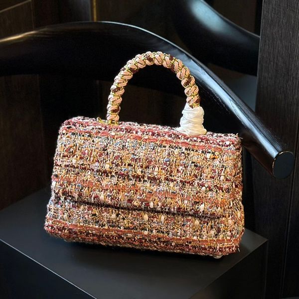 

Woc Wool Shoulder Bag Designer Womens Woven Handle Handbag Gold Hardware Matiras Chain Crossbody Bag Fashion Purse Makeup Bag 25cm, Pink