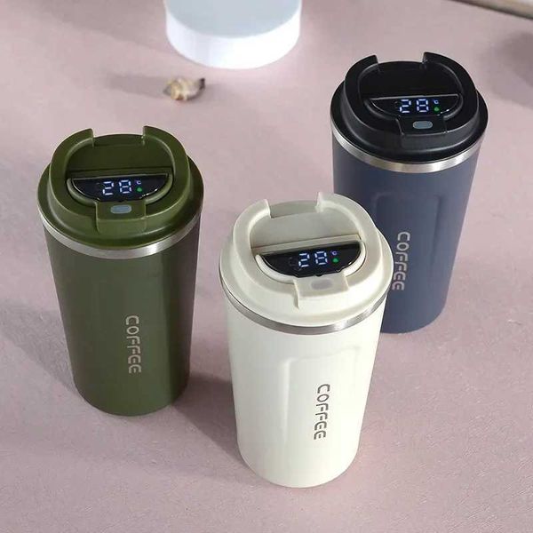 

380/510ml stainless steel coffee cup temperature display vacuum thin film hot melt water bottle Y241114, Black