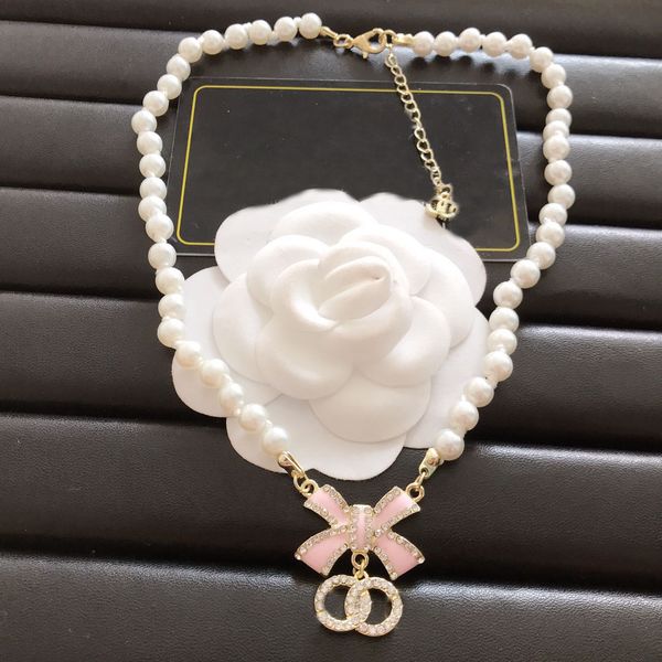 

Luxury Pearl Necklace Designer Women Bow Pendant Gold Plated Crysal Choker Necklace Wedding Party Jewelry Gift