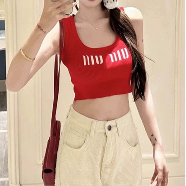 

miumi Womens Tank Top Summer Slim Sleeveless miui clothes Fashion Letter Simplified Casual Versatile Short Knitted designer top, Red