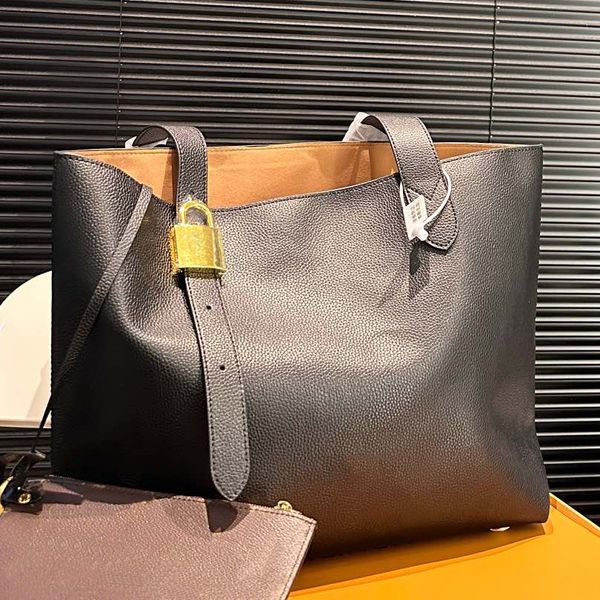 

Supple Grained Cowhide Leather Lowkey Cabas Tote Bag Brand L House Padlock Designer Women Shopping Bags Lady Adjustable Strap Large Shopper MM Size, Light brown