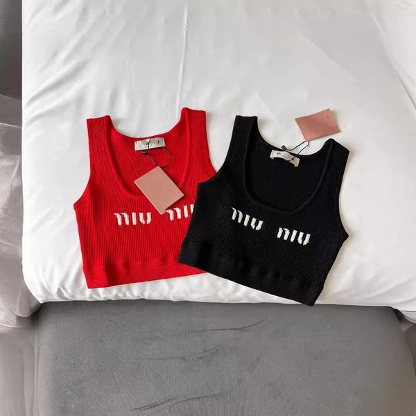 

designer tank tops women miui clothes Summer miumi New Fashion Letter Simplified Casual Versatile Short Knitted TankTop, Black
