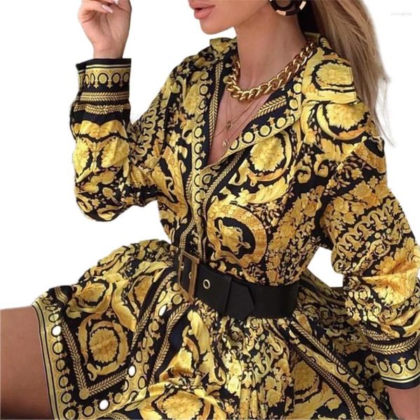 

Casual Dresses Women Autumn Clothes Floral Vintage Lapel Long-Sleeves Form-Fitting Skirt With Button Open For Ladies, Gold