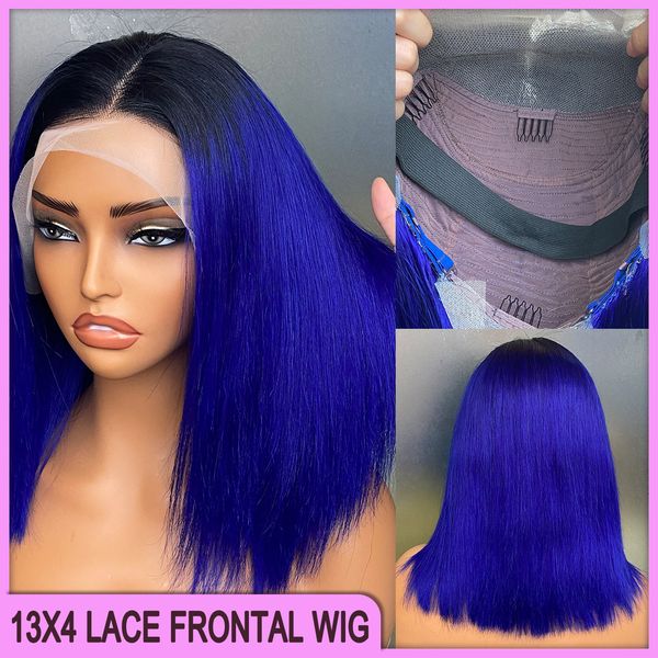 

Peruvian Malaysian Brazilian 1b Blue Silky Straight 13x4 Transparent Lace Frontal Wig 100% Raw Virgin Remy Human Hair, Pink