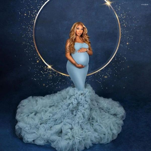 

Party Dresses Dusty Blue Mermaid Prom For Pregnant Women Ruffles Train Evening Gown Poshoot Maternity Dress