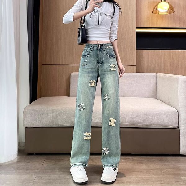 

Wide-legged jeans female 2024 early spring new high-waisted loose thin embroidery design straight drag pants, Blue