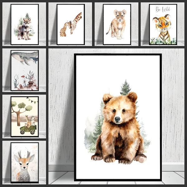 

3 pieces Wooden Framed Canvas Poster sleeping forest animals, fox, deer, badger, rabbit, modern minimalist art