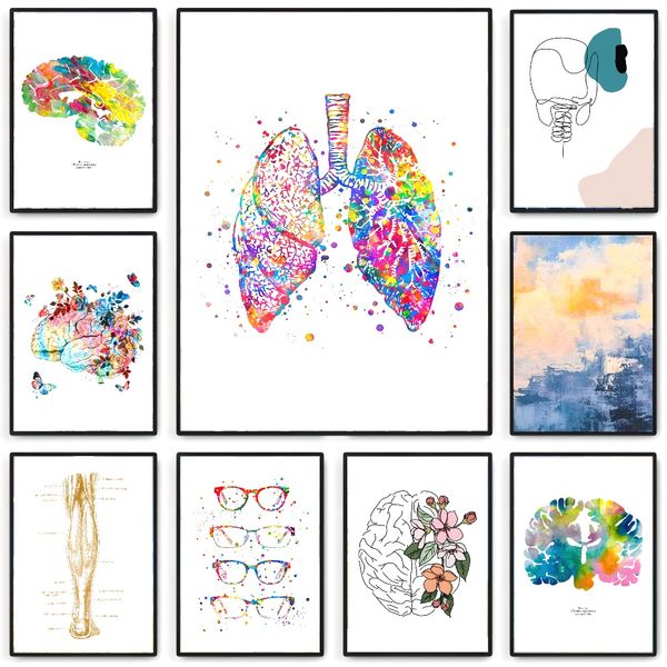 

3 pieces Wooden Framed Canvas Poster flower anatomy line art, brain art, lungs, heart art, Creative Waterproof Canvas Posters, Bedroom
