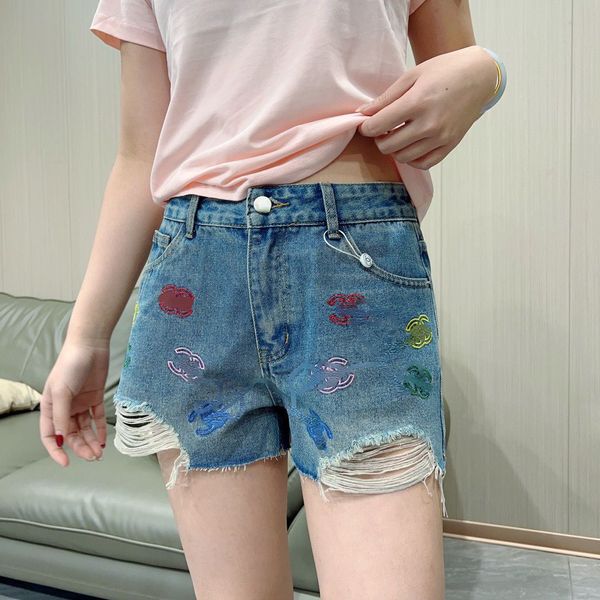 

Spring and summer new colorful double letters embroidered full flower casual do old denim shorts versatile thin pants, Blue