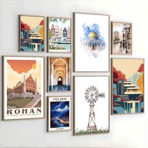 

3 pieces Wooden Framed Canvas Poster Retro, landscape location, simple, landscape art, Creative Waterproof Canvas Posters, Bedroom, Office, Living Room, Cafe, Bar