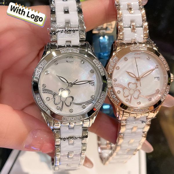 

Designer women Watch Watches High Quality Original Version,Surface Clover Flower Pattern Ceramic Watch Strap Exquisite Luxury Women Diamond Watch Watches, Gold
