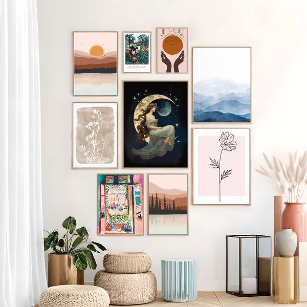 

Framed Set of 3 Painting Prints, Window scenery art poster, colorful and beautiful.Creative Waterproof Canvas Posters, Bedroom, Office