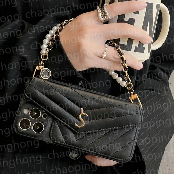 iPhone Case Designer Phone Case for iPhone 16 Pro Max Case iPhone 15 Pro 14 13 12 Pro Max 11 Case Luxury Leather Card Holder Wallet Case Fashion Pearl Chain Handbag Cover