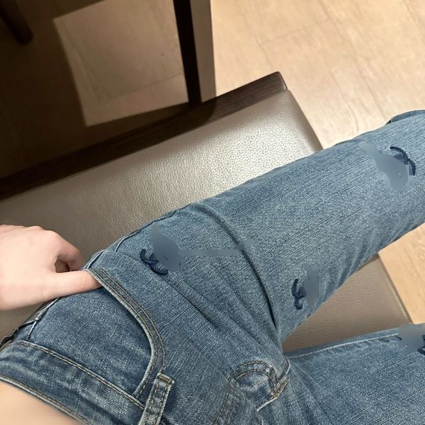 

Spring and summer spicy little perfume style embroidery washed high-waisted small feet Slim thin jeans female, Blue