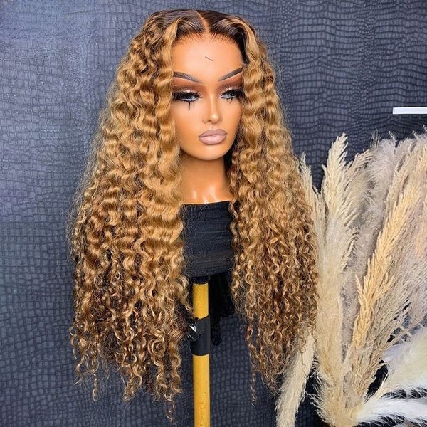 

180density Ombre Blonde Kinky Curly Lace Front Wig Human Hair Glueless HD Transparent 13x4 Lace Frontal Wigs Pre Plucked Colored Synthetic Wig, Black