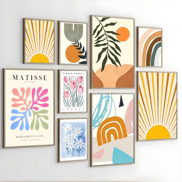 

3 pieces Wooden Framed Canvas Poster boho art, geometric shapes, abstract art, Creative Waterproof Canvas Posters, Bedroom, Office