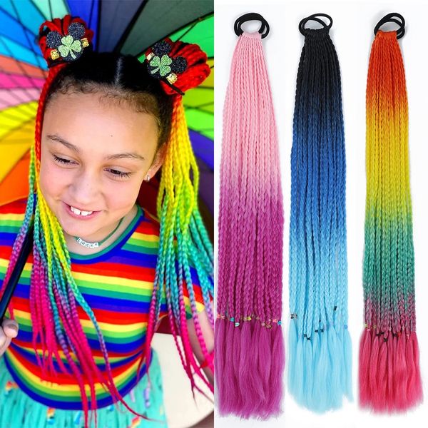 

Synthetic Colored Braided Ponytail Hair Extension Rainbow Color Braids Pony Tail with Elastic Band Girl's Pigtail Children Braid, 1b+33